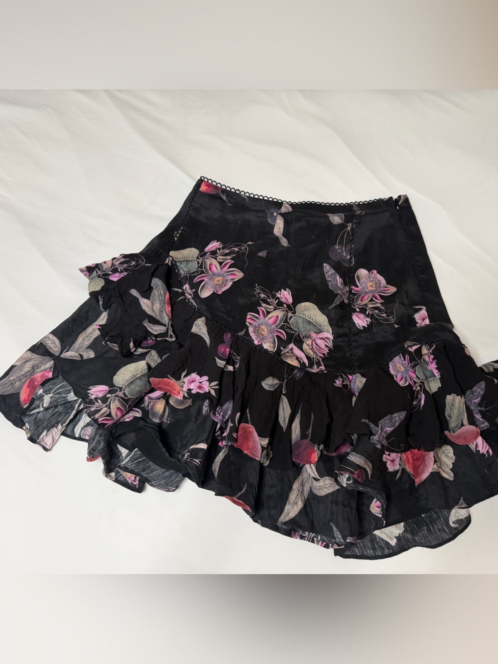 All Saints Black Floral Ruffled Mini Skirt
